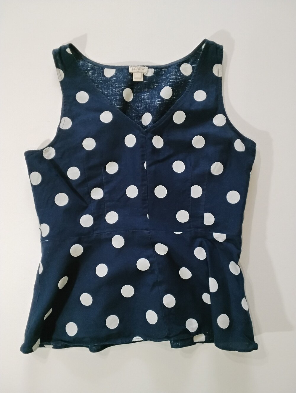 J. Crew Linen Polka Dot Peplum Top Womens Size 6 Navy Blue White Retro Style